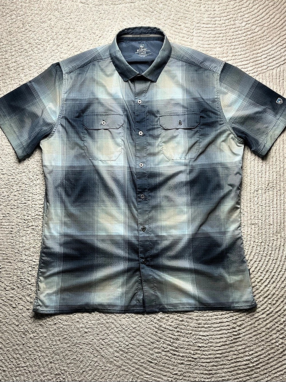 Kuhl Response Short Sleeve Plaid Shirt Men's Gray & Blue Large